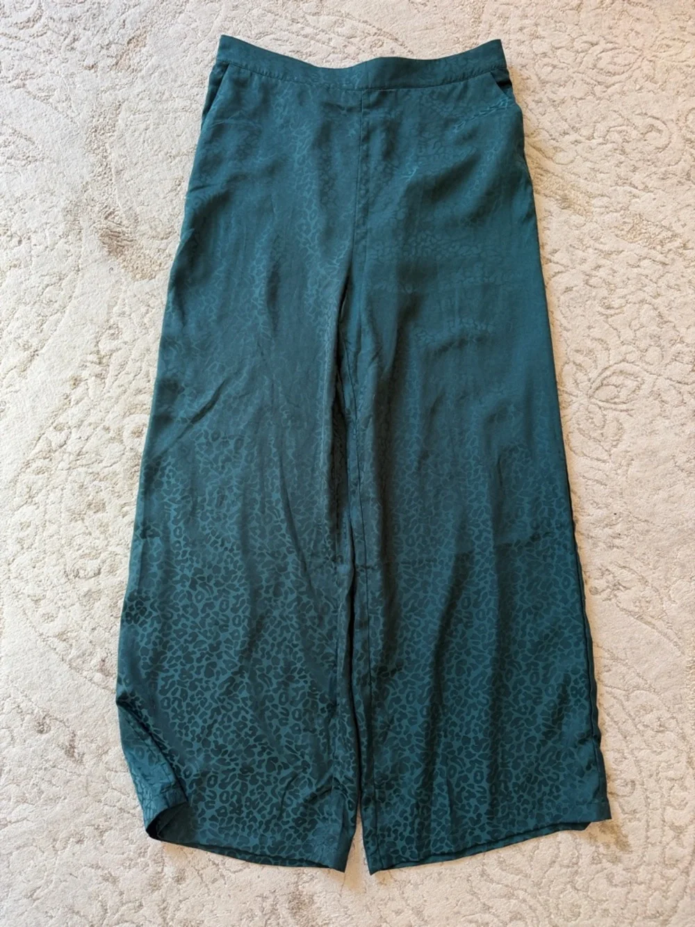 Skies Are Blue Teal Satin Wide-Leg Pants with Subtle Animal Jacquard